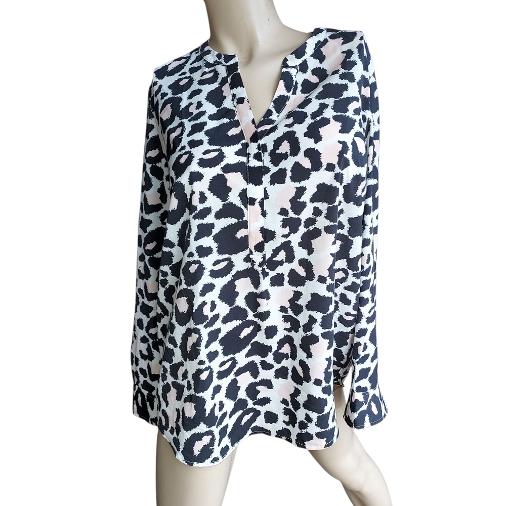 Talbots Women Ivory Long Sleeve Blouse Size L PINK AND black Animal Print Button - Picture 8 of 15